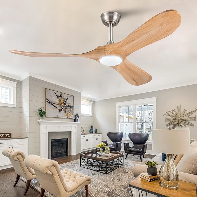 52 Inch Solid Wood Ceiling Fans with Lights and Remote Control,6 Speeds,Noiseless,Reversible DC Motor,Modern Ceiling Fan with Light for Indoor/Outdoor Bedroom,Patios(Natural Wood Grain)