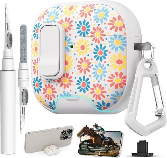 for AirPods 4 Case with Secure Lock Clip in Phone Stand,Floral Girly Style Protective Cover with Cleaning Kit and Hand Strap for Apple AirPod 4 Generation (Sun Petals)