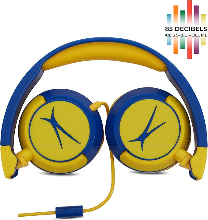 Altec Lansing Kid Safe Wired Headphones, Over Ear Headphones for Kids Ages 3-5, Volume-Limiting Toddler Headphones with Mic, Compact Foldable Kids Headphones with Cord, APA Approved (Blue/Yellow)