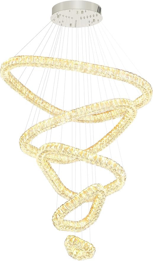 Flashing God H118 Modern Large Chandelier for Foyer 5 Rings Crystal Chandelier Stairway Chandeliers LED Dimmable Crystal Pendant Light for Living Room Entrance Hallway Sliver ﻿