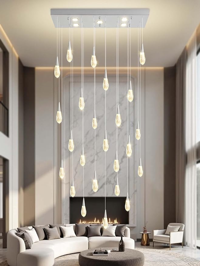 Rectangular Chandelier 24-Lights LED Dimmable Raindrop Chandeliers for High Ceiling Large Chandelier Light Fixture Gold High Ceiling Pendant Lights for Villa Living Room Staircase