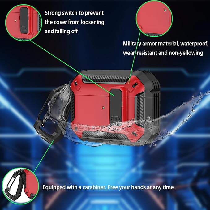 for AirPods Pro 3 Case (2025, Model A2700/A2931) | Full Drop Protection with Carabiner | AirPods 3 Pro Case for Men Women(Black RED)
