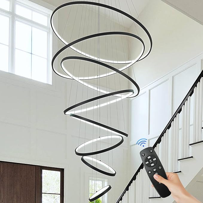 Modern LED Chandelier 8 Rings Dimmable Black High Ceiling Chandelier Foyer, Large LED Contemporary Pendant Lighting for Staircase Entryway Living Room, D35’’ 3000K-6500K