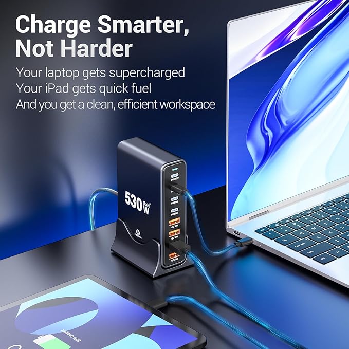 530W USB C Charging Station, 8-Port Desktop Charger, PD 140W PD 65W QC 30W GaN Ⅲ Fast USB Charger Block for MacBook, Ipad, iPhone, Samsung