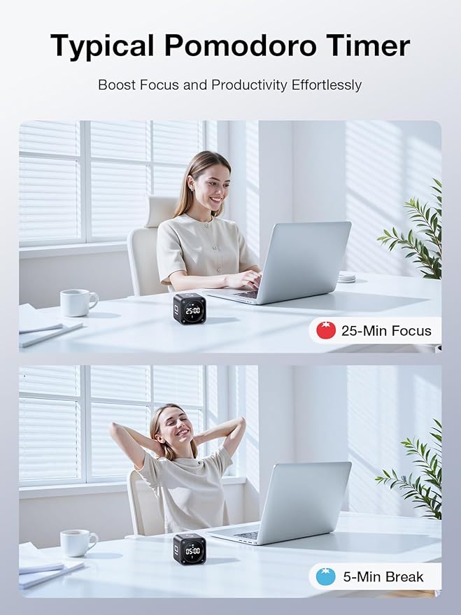 TK3 Pomodoro Timer Cube, Desk Productivity Timer with 5/10/30/60 Min Presets, Custom Countdown, Stopwatch, Clock, 3 Alarm, Silent, Vibrate & Sound Alert, for Task, ADHD, Study, Kitchen, Black