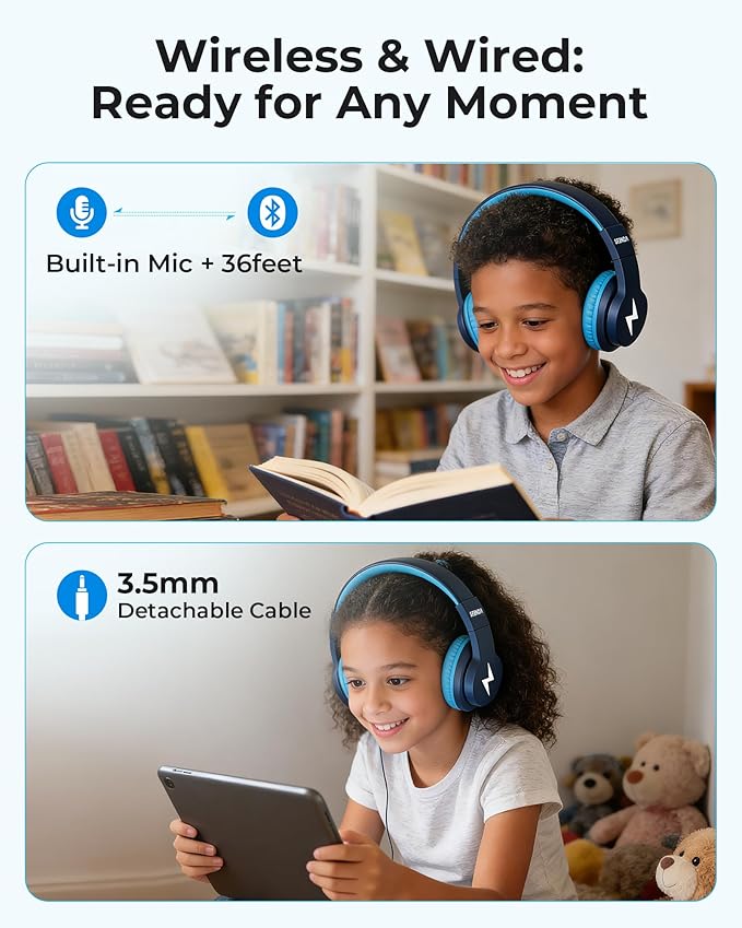 seenda Kids Bluetooth Headphones, JCH-01 Kids Wireless Headphones for School, 85/94dB Volume Limited, 45H Playtime, 3 Lighting Modes, Built-in Mic Headset with Aux Cord for iPad/Tablet, Dark Blue