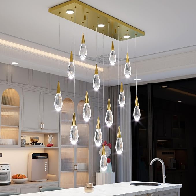 14-Lights Modern Rectangular Chandelier LED Gold Pendant Light Fixture Raindrop Ceiling Chandeliers for Living Room Staircase Foyer