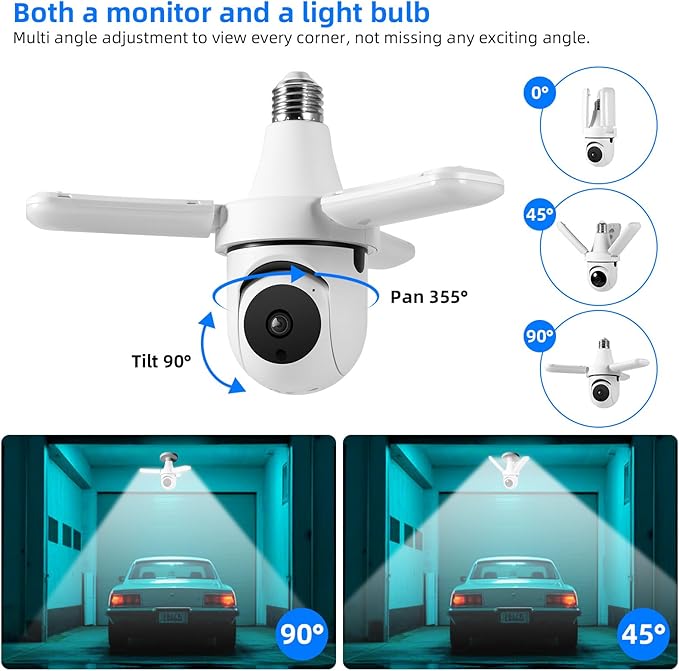 TOWODE Light Bulb Security Camer,LED Light Bulb Camera 3MP HD Smart Garage Security Camera with AI Human Detection,Two-Way Audio,Color Night Vision,Compatible with Alexa（with 64G TFcard）