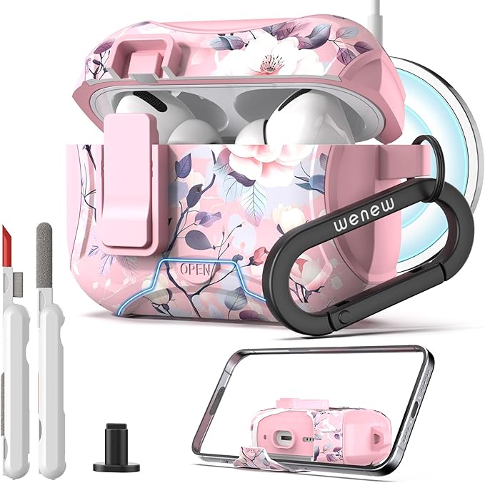 wenew Compatible with AirPods Pro 2nd/1st Generation Case Cover with Phone Stand, Cleaner, Clip, Compatible with Magsafe, One-Click Pop Open Lock iPod Pro Charging Case (Pink 2, AirPods Pro & Pro 2)