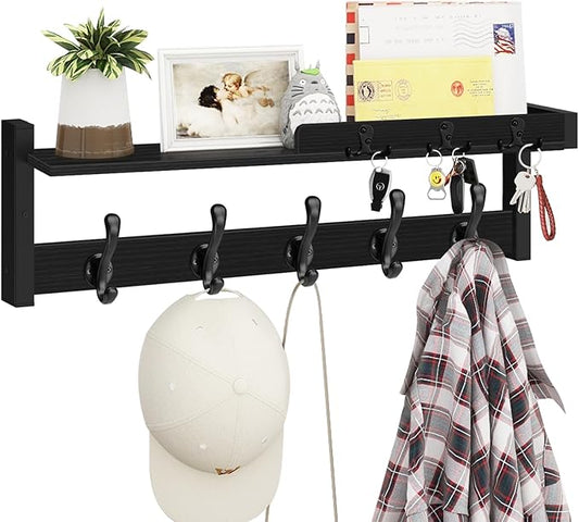 Homode Coat Rack with Shelf, 29 Inch Long Wooden Coat Hanger Wall Mount with Key Rack and Mail Holder, Entryway Wall Hooks with Shelf for Bathroom Living Room Bedroom Hallway Kitchen, Black