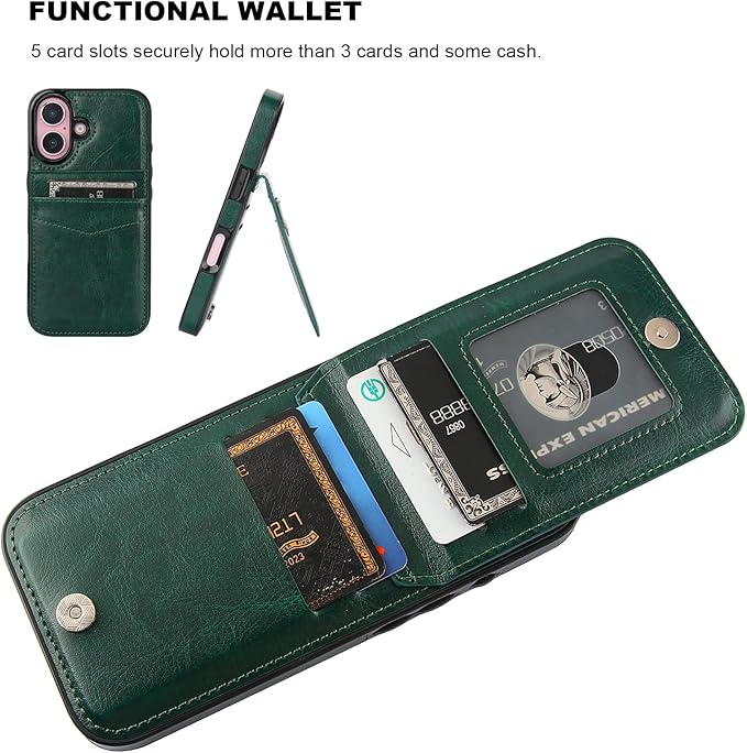 KIHUWEY Compatible with iPhone 16 Case Wallet with Credit Card Holder, Flip Premium Leather Magnetic Clasp Kickstand Heavy Duty Protective Cover for iPhone 16 6.1 Inch (Dark Green)