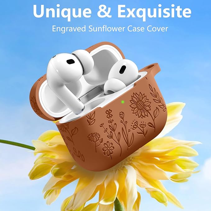 Flower Engraved Case for AirPods Pro 2 Gen with Clean Kit & Keychain, Soft Silicone Protective AirPods Pro Case Cover for Apple AirPods Pro 2nd/1st Generation,Front LED Visible, Reddish Brown
