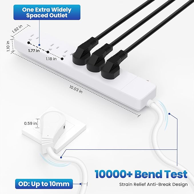 Elecan 3 Prong Power Strip with 8 FT Extension Cord, 5 AC Outlets+1 Widely Spaced Outlet, Space Saving 45 Degree Flat Plug, 14AWG 1875W 125V 15A, Wall Mountable Multi Outlet Extender, ETL, White