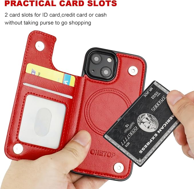 ONETOP Compatible with Magsafe for iPhone 13 Mini Wallet Case with Card Holder, PU Leather Kickstand RFID Blocking Case, Double Magnetic Clasp and Durable Shockproof Cover 5.4 Inch (Red)
