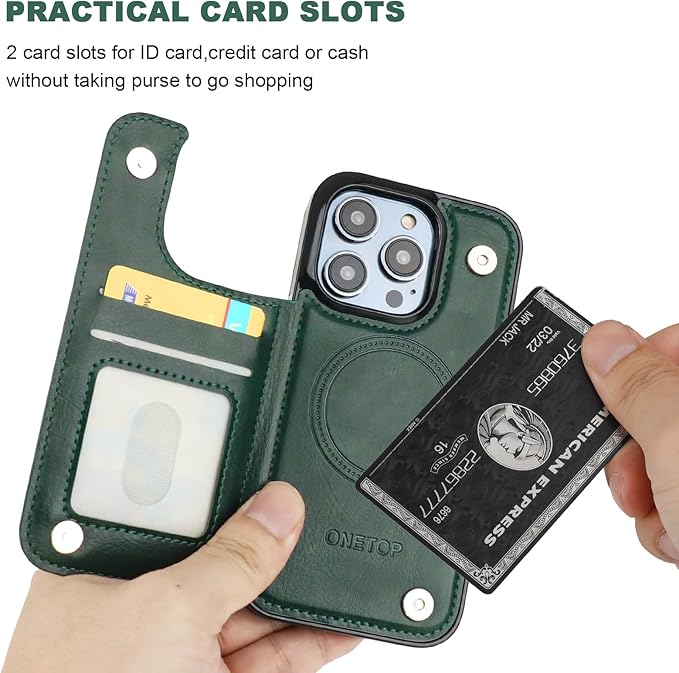 ONETOP Compatible with Magsafe for iPhone 13 Pro Wallet Case with Card Holder, PU Leather Kickstand RFID Blocking Case, Double Magnetic Clasp and Durable Shockproof Cover 6.1 Inch (Green)