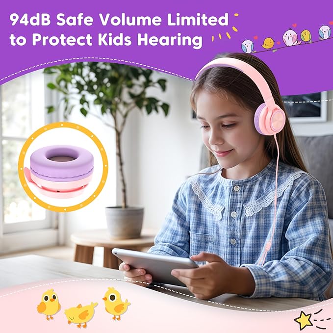 Kids Headphones for School Travel, Upgrade USB Type C Safe Volume 94dB, with Mic HD Stereo Sound Foldable On-Ear Headphones for Boys/Girls/Students/Tablet/Travel Pink
