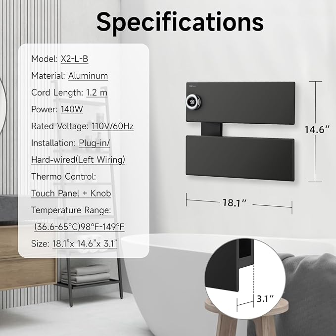 P&Bhusri Electric Heated Towel Rack, Black Towel Warmer with Adjustable Temperature (98–149°F) and Timer (1-24h, On), Fast Heating and Drying for Bathroom, Memory & Remote Control Compatible