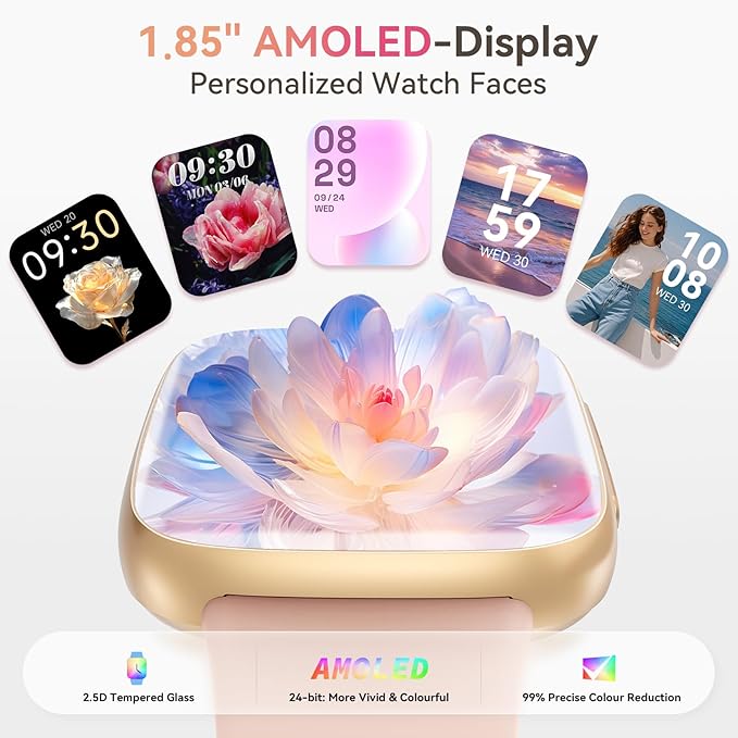 Smart Watch for Women, Answer/Make Call, 1.85" AMOLED Always-On Display Screen Smartwatch for iPhone & Android, 3ATM Waterproof Fitness Tracker with Heart Rate/Sleep/SpO2 Monitor, 100+ Sport Modes
