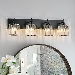 Black Crystal Bathroom Vanity Lights, Modern 4-Lights Bathroom Lighting Fixtures Over Mirror, Crystal Wall Lighting with Round Shade - Image 1