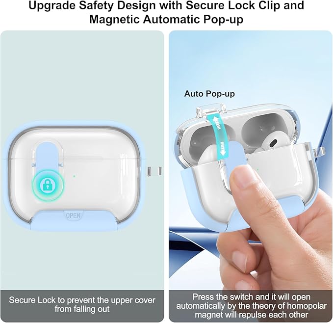 for Airpods Pro 3 Case Clear,Secure Lock for Airpods pro 3rd Generation Case Cover with Phone Stand and Magsafe Function,Auto Pop-up,Hybrid Protection Design with Carabiner&Cleaning Pen-Blue