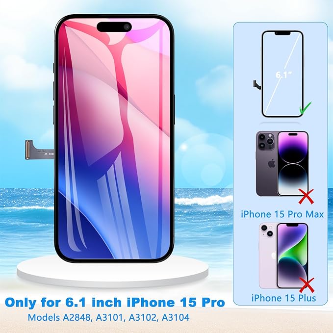 for iPhone 15 Pro Screen Replacement 6.1 inch Full HD, 3D Touch LCD Screen Display Digitizer Assembly with Repair Tools, Compatible for Model A2848, A3101, A3102, A3104