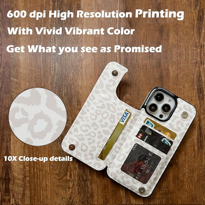 uCOLOR Compatible with iPhone 14 Pro Max 6.7" Wallet Case with Card Holder Folio Flip PU Leather Kickstand Card Slots Case Double Magnetic Clasp and RFID Blocking Cover 6.7 Inch (Beige Leopard)