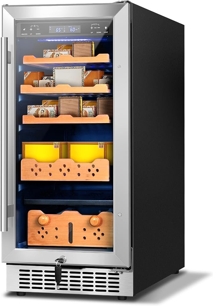 15'' Under Center Humidors Freestanding, 80L Electric Cooler Cabinet 500 Counts Capacity with Humidity and Temperature Digit Control, Spanish Wood Shelves Luxury Compressor for Home Office Gift