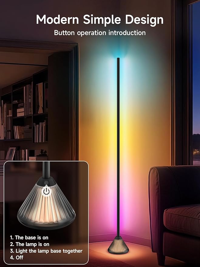 Corner Floor Lamp, Smart RGB LED Corner Lamp with App & Remote Control, Music Sync, Scene Modes, Modern Ambient Lighting Floor Lamp for Living Room, Bedroom, Gaming Room Decor