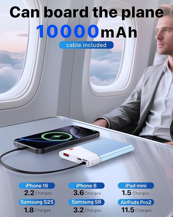 Portable Charger Power Bank, 10000mAh 22.5W PD Fast Charging Powerbank with Built-in USB C Cable, Slim External Phone Battery Pack for iPhone 17/16/15 Samsung S24 Android etc (Blue)