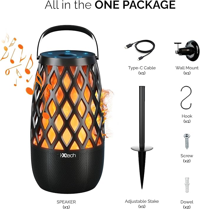 IXTECH Outdoor Bluetooth Speaker Waterproof Wireless with LED Flame Light, Shower Bluetooth Speaker for Camping Patio Home Decor, Gifts for Couples Dads Moms