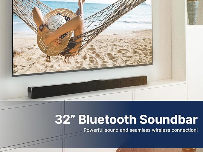 Emerson EHS-2000 32-Inch Bluetooth Soundbar, 2.0 Channel Home Theater Speaker System with Remote Control, USB/AUX Inputs, FM Radio, Compact, Wall Mountable Design