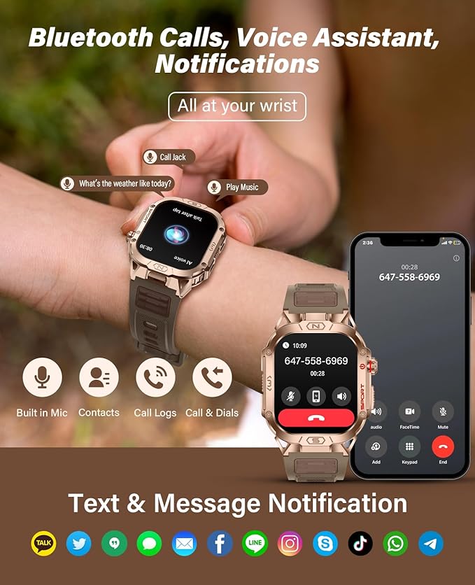SOUYIE Military Grade Smart Watches for Men LED flashlight, Blood Pressure/Heart Rate/SpO2/Sleep, 500mAh Large capacity battery, Waterproof Rugged Fitness Tracker Compatible with Android and iOS Phone