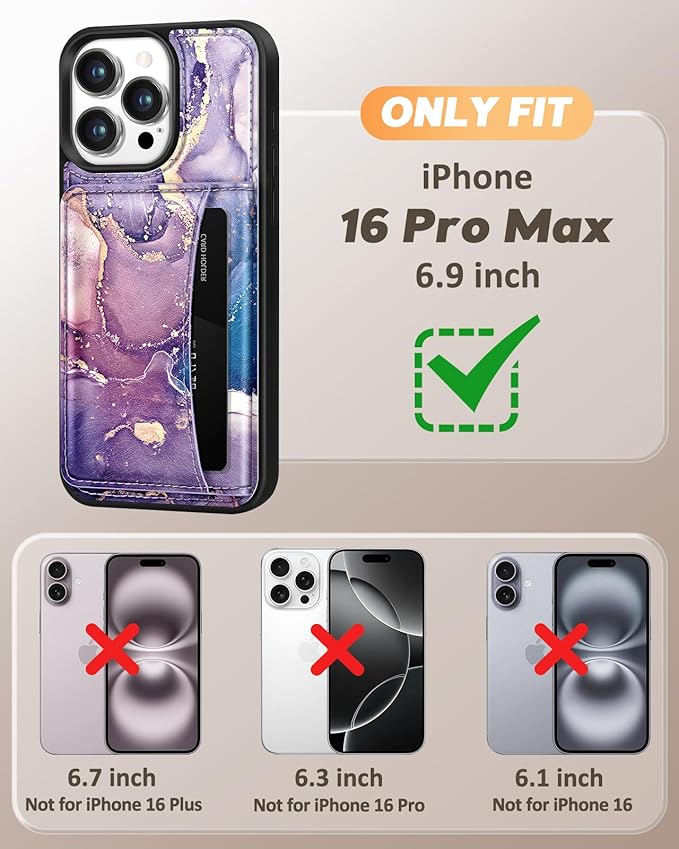 for iPhone 16 Pro Max Case with Wallet - Fits 4 Card Slots, Compatible with MagSafe for Women Aesthetic PU Leather Credit Card Holder Kickstand Phone Cover for Apple 16 Promax, Purple Marble