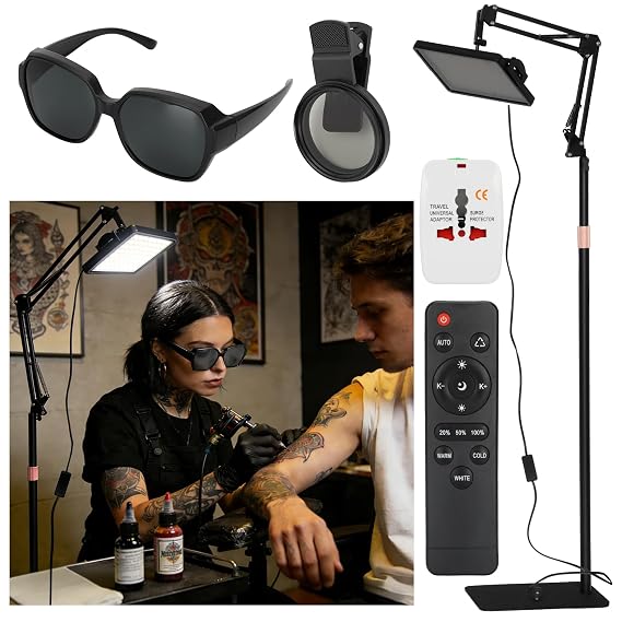 Polarized Tattoo Light with 288 LEDs & 4 Color Temp Modes, Adjustable Stand (47-65in), Tattoo Glasses, CPL Filter & Remote – Anti-Glare Work Lamp for Studio