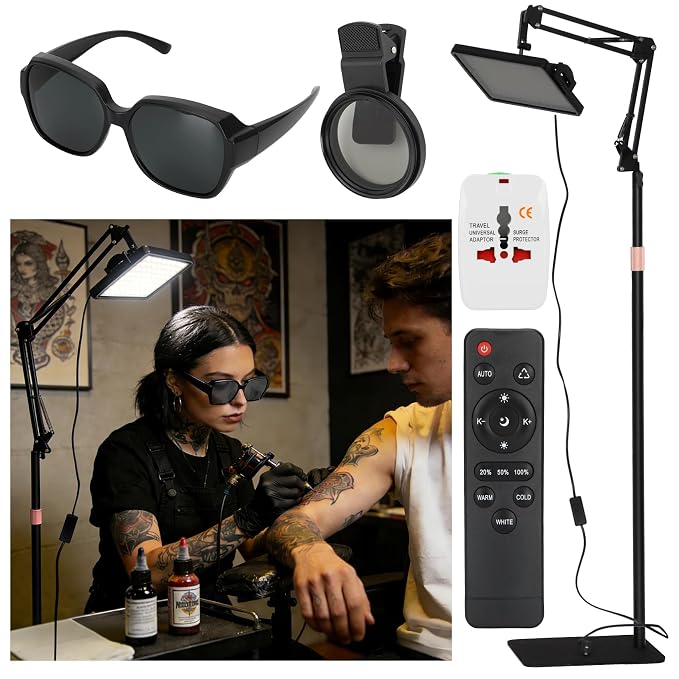 Polarized Tattoo Light with 288 LEDs & 4 Color Temp Modes, Adjustable Stand (47-65in), Tattoo Glasses, CPL Filter & Remote – Anti-Glare Work Lamp for Studio