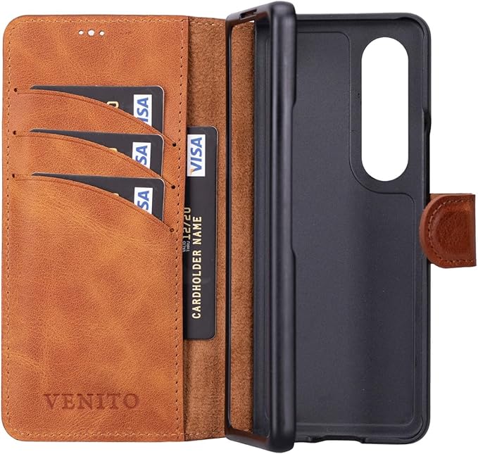 Venito Trieste for Galaxy Z Fold 4 Case Handmade, Ultimate Protection with Full Grain Leather, Premium Phone Wallet Case for Galaxy Z Fold 4, Antique Brown