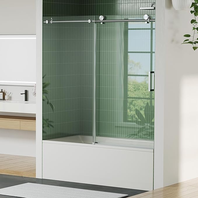 Frameless Bathtub Shower Door 56–60 Inch W × 59 Inch H, Sliding Tub Door with Fixed Panel, 8mm Coated Tempered Glass, Stainless Steel Round Rail