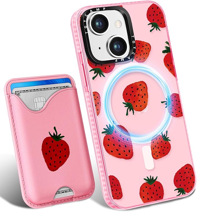 Toycamp for iPhone 15 Case - Compatible with Magsafe with Credit Card Holder Wallet Magnetic Cute Women Teen Girls Kawaii Girly Unique Strawberry Design Pretty Phone Cover for Apple 15 6.1"