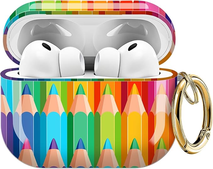 Case for AirPod Pro 3 Shock-Proof Protective Hard Case with Golden Keychain Compatible with Apple Airpods Pro 3rd Generation 2025 (Rainbow Pencil Pastel Vibes)