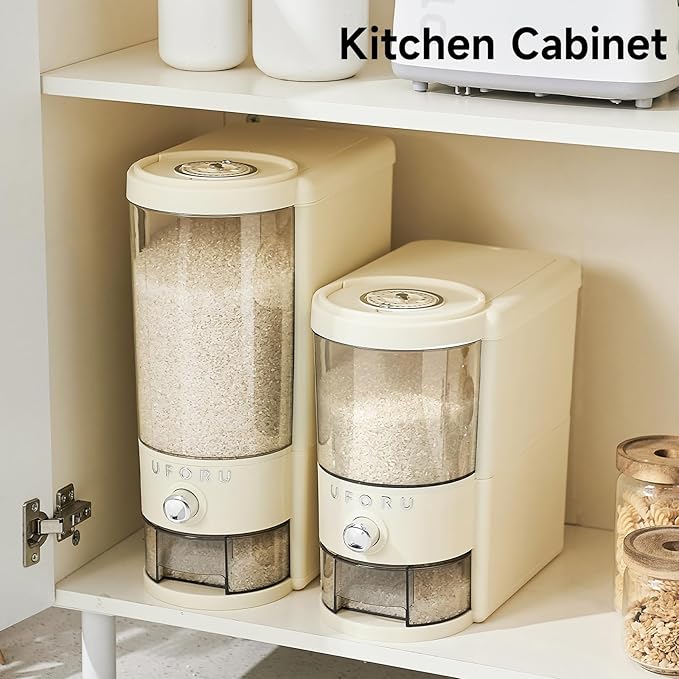 Rice Dispenser 10 lbs | Large Rice Storage Container for Kitchen&Pantry - Space-saving, Moisture & Pest-proof, BPA-Free - Dry Food Dispenser with One-Touch Dispenser & Measuring Cup for Families
