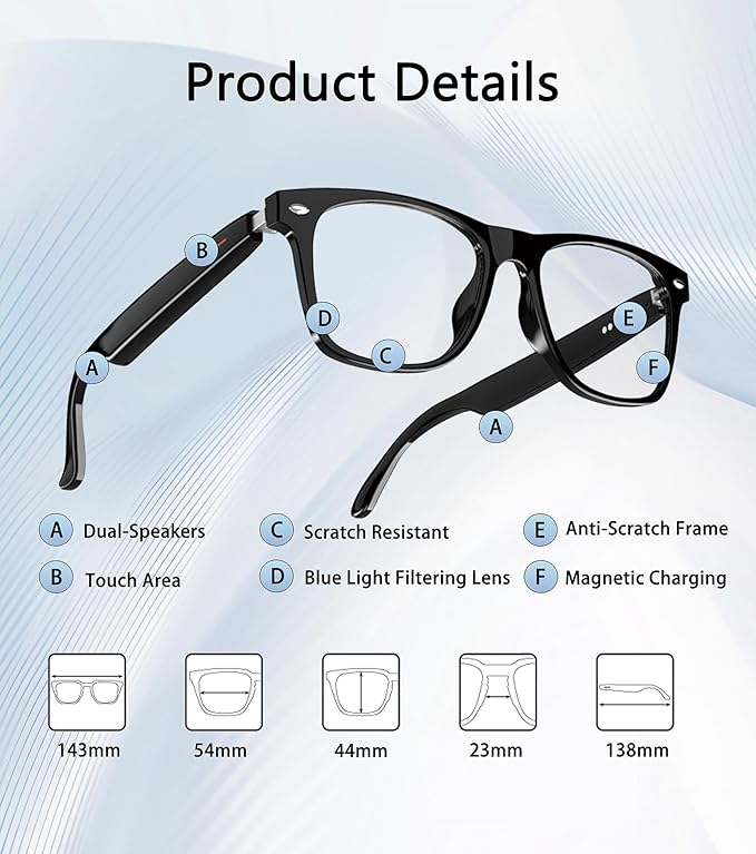 Smart Glasses for Men & Women, Built-in Mic & Speakers Bluetooth Audio Glasses, Blue Light Filter & Polarized UV 400 Protection Lenses Open-Ear Bluetooth Glasses for Android iOS, Black