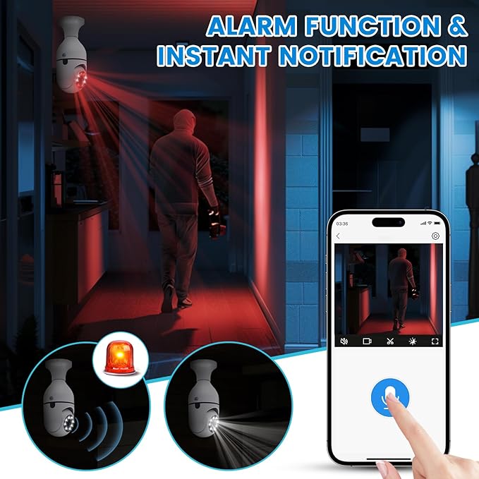 Light Bulb Security Camera, 2 Pack 2K/3MP Outdoor Camera Wireless 2.4G Hz WiFi E27 Camera for Home Security, 24/7 Recording, Motion Detection and Alarm