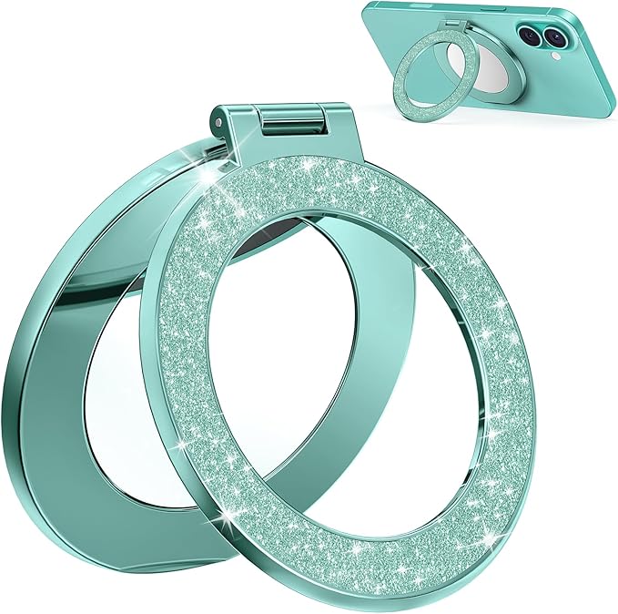 Upgraded Magnetic Phone Ring Stand Built in Mirror for Magsafe, [Electroplated & Glitter], Phone Ring Holder Grip Kickstand for iPhone 17 Pro Max 16 15 14 13 12 Series for Girl Women, Teal