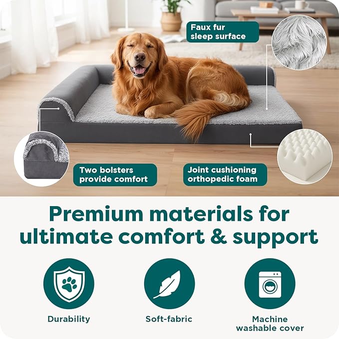 FurHaven Orthopedic Dog Bed for Large Dogs, L-Shaped Chaise Contour Mattress with Solid Orthopedic Foam Slab for Joint Support, Removable Washable Cover, Jumbo Plus/XXL, Faux Fur & Suede, Espresso