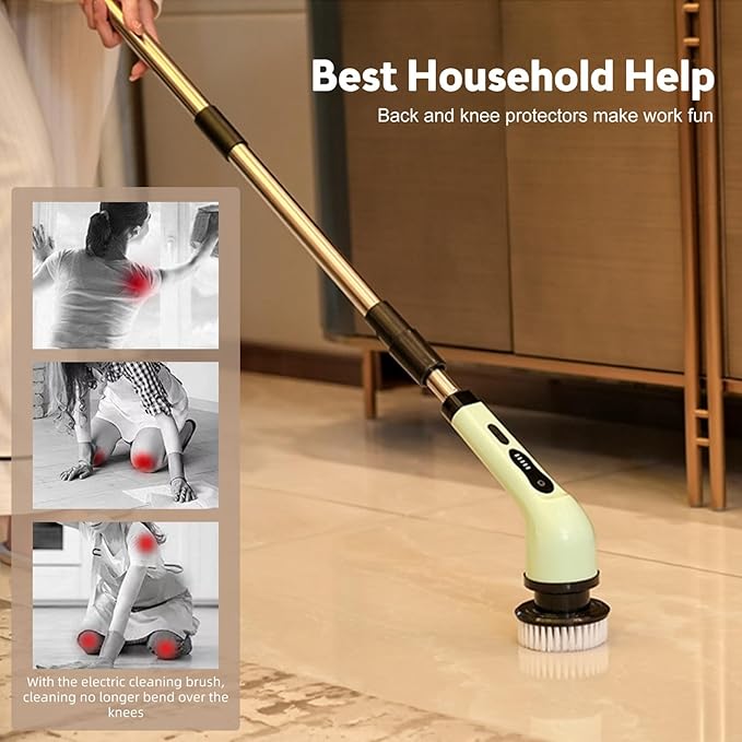Cordless Spin Scrubber, IPX6 Rated Electric Cleaning Brush w9 Heads and Extension Arm for Bathroom, Tile, Kitchen - Green ABS (6 Replaceable Brush Head)