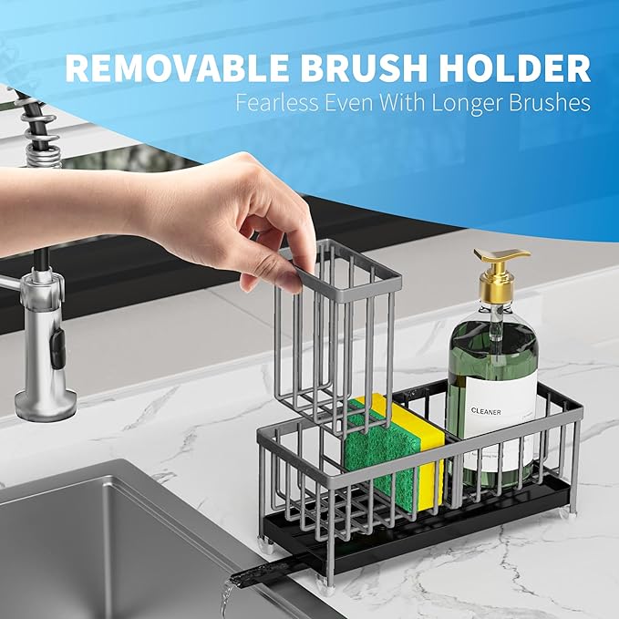 Cisily Charcoal Gray Sponge Holder for Kitchen Sink, Sink Caddy Organizer with High Brush Holder, Kitchen Countertop Organizers and Storage Essentials, Rustproof 304 Stainless Steel