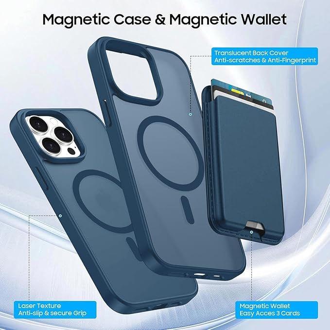 Magnetic for iPhone 14 Pro Max Case with Card Holder, Compatible with MagSafe, Slim Shockproof Phone Cover with Detachable Wallet, Built-in Magnet Ring, Deep Blue