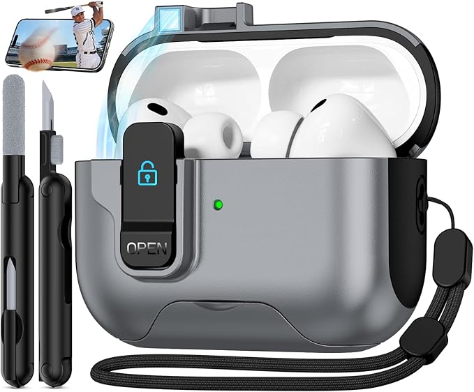 Compatible with AirPods Pro 3 2025 Case with Phone Stand & Cleaning Kit,Magnetic Automatic Lock Design Cover for Air pods Pro 3rd- (Grey)