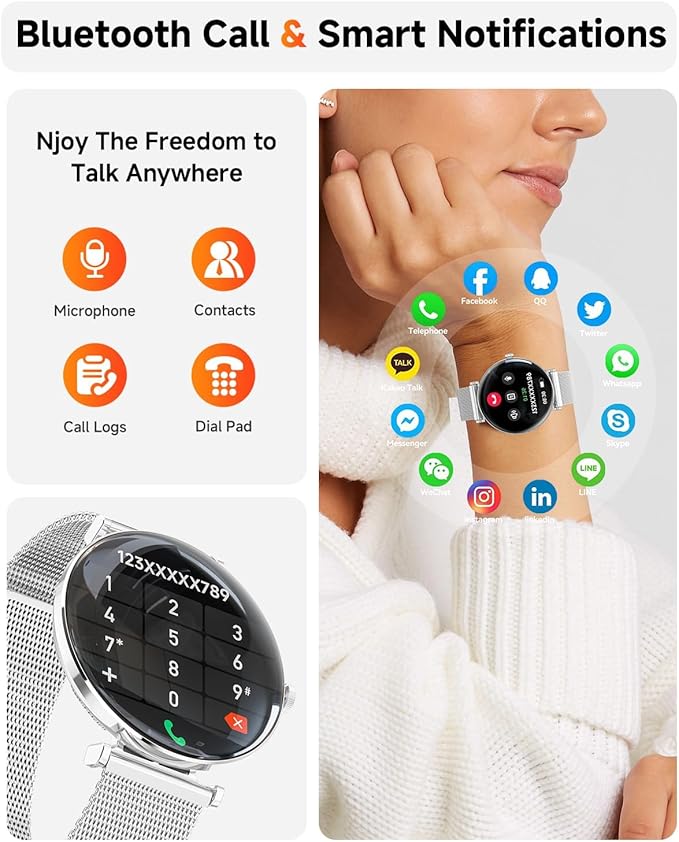 Hwagol Smart Watch for Women with Android iPhone Compatible[Calls/Metal Thin Body],1.43" Micro-Spherical AMOLED Screen,Sports Watch with Sleep/Heart Rate Monitor,Pedometer for Steps Miles