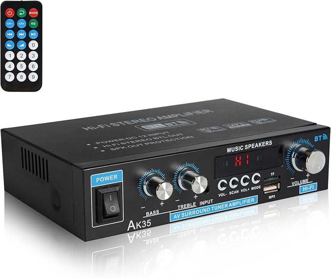 Stereo Amplifier AK35 Bluetooth 5.0 Max 200W 2.0 Channel Mini Amplifier Stereo Receivers for Car, Home Party, Audio Amplifier AMP w/USB/TF Card/AUX Input/Bass & Treble Control